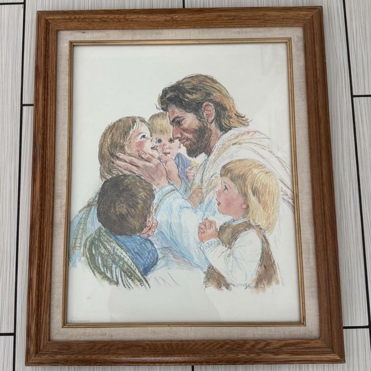 Framed Religious Art Print Featuring Jesus and Children