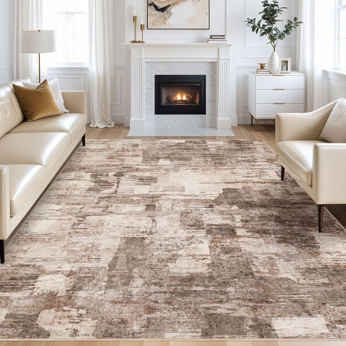 NEW Abstract Living Room Rug 8x10 - Modern Neutral Brown Tan Cream