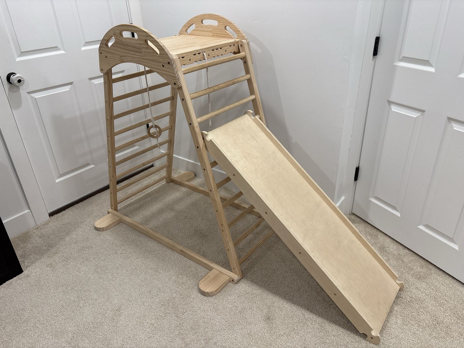 Wooden Triangle Climbing Set with Slide and Gymnastic Rings