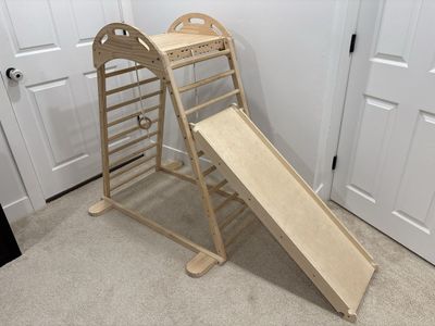 Wooden Triangle Climbing Set with Slide and Gymnastic Rings