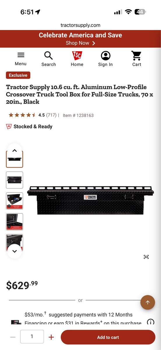 Tractor Supply 10.6 cu. ft. Aluminum Low-Profile Crossover Truck Tool Box, Black, 70x20in