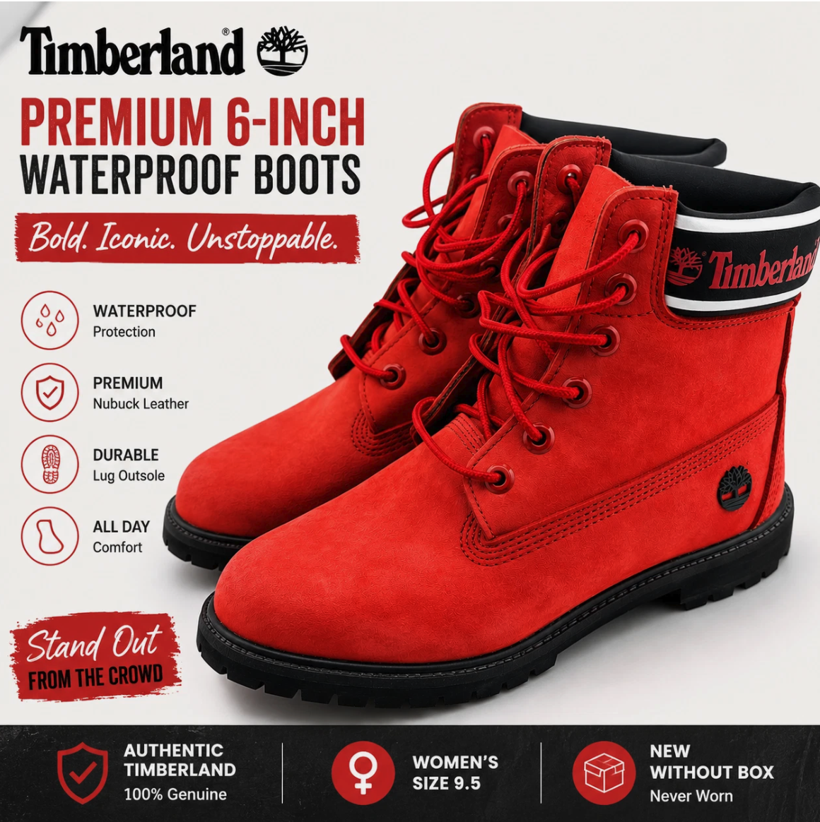 Timberland Women's Premium 6" Waterproof Boots Red Nubuck Size US 9.5 A3840 NWOB