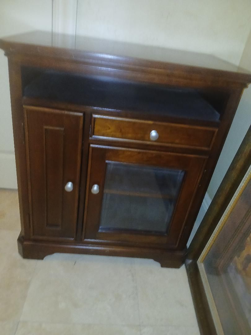 Wood cabinet, glass door, 3 pull out cd trays and shelve in other side 32x34x19