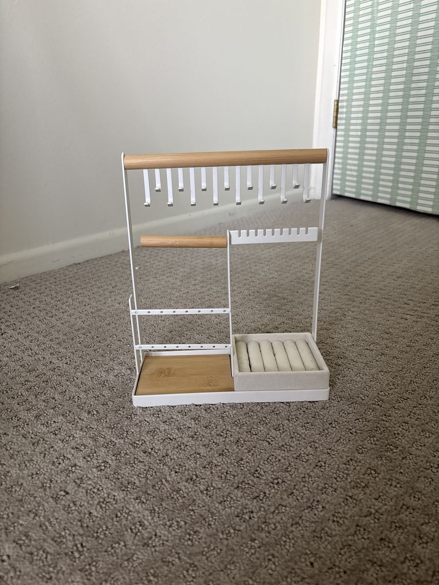 Minimalist White & Wood Jewelry Organizer Stand with Earring Holder, Ring Tray & Bracelet Bar
