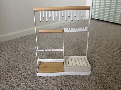 Minimalist White & Wood Jewelry Organizer Stand with Earring Holder, Ring Tray & Bracelet Bar