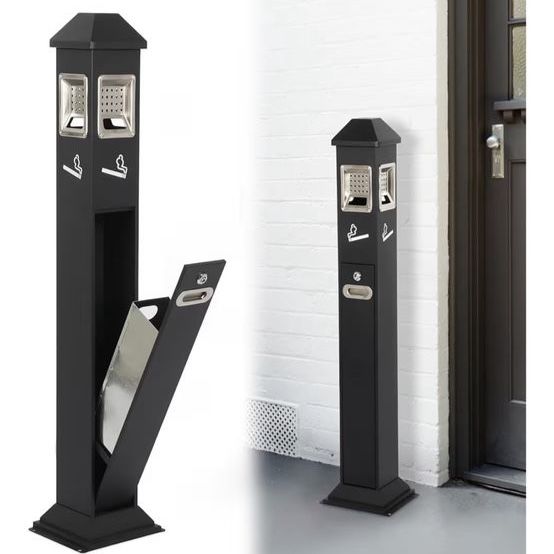 Outdoor Ashtray Trash Can Stand w/ Locking Door Black Metal