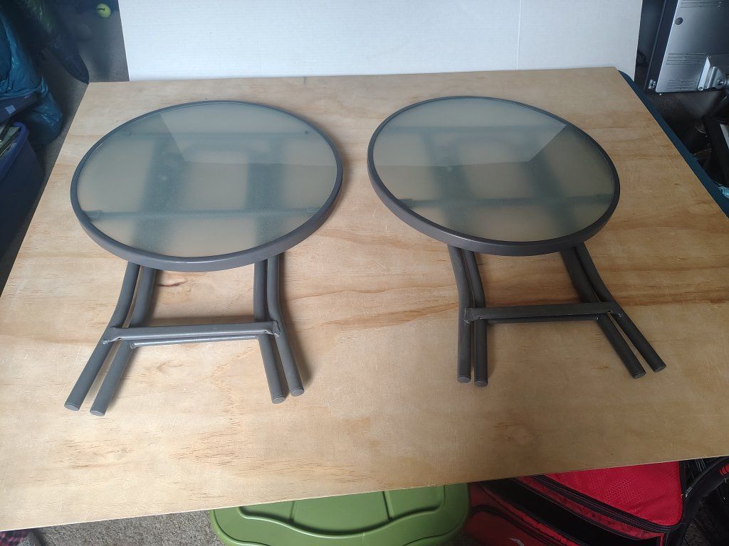 Pair of Round Glass Top Folding Patio Side Tables, Gray Metal Frame