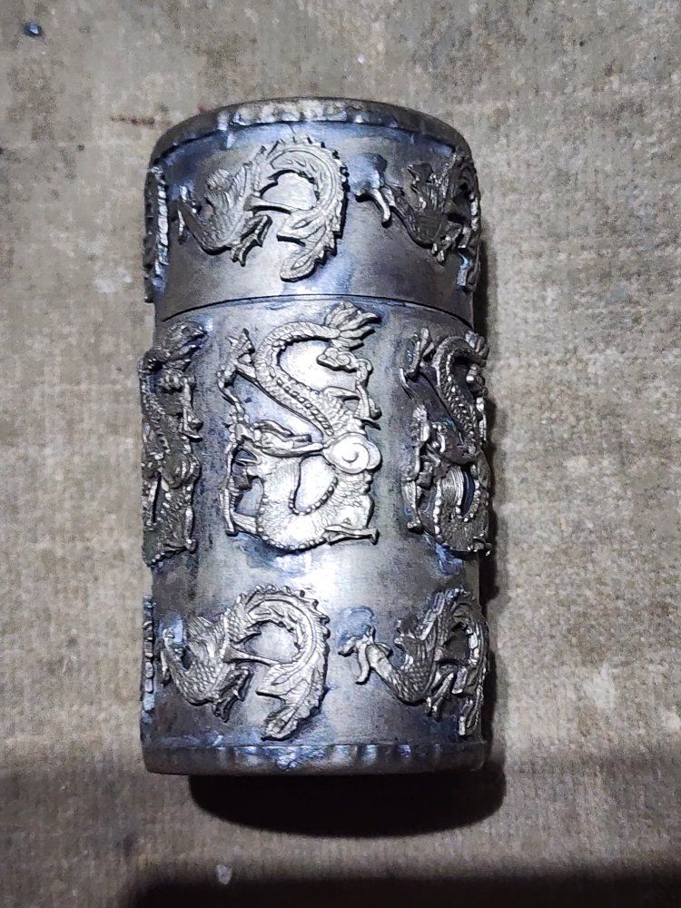 Vintage Asian Metal Toothpick Holder Container with Embossed Dragon Relief
