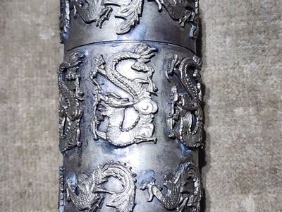 Vintage Asian Metal Toothpick Holder Container with Embossed Dragon Relief
