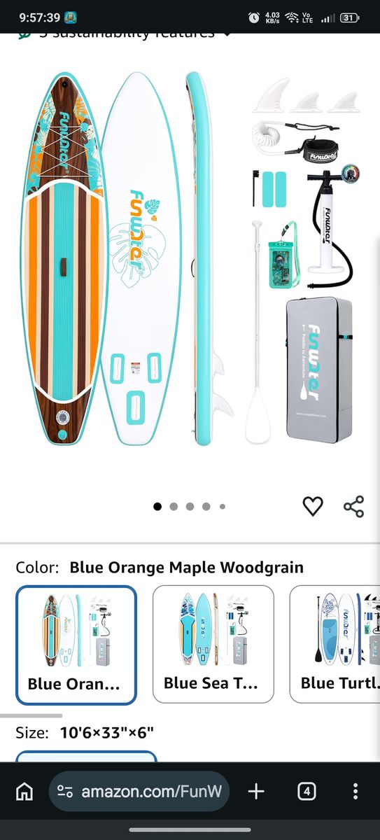 FunWater 10'6" Inflatable Paddle Board Kit - Blue/Orange Woodgrain SUP with Accessories