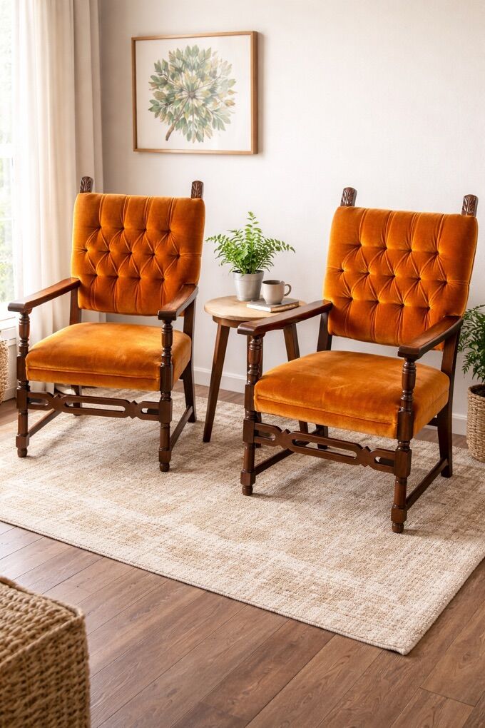 Set Of 2 Vintage MCM Tufted Velvet Armchairs