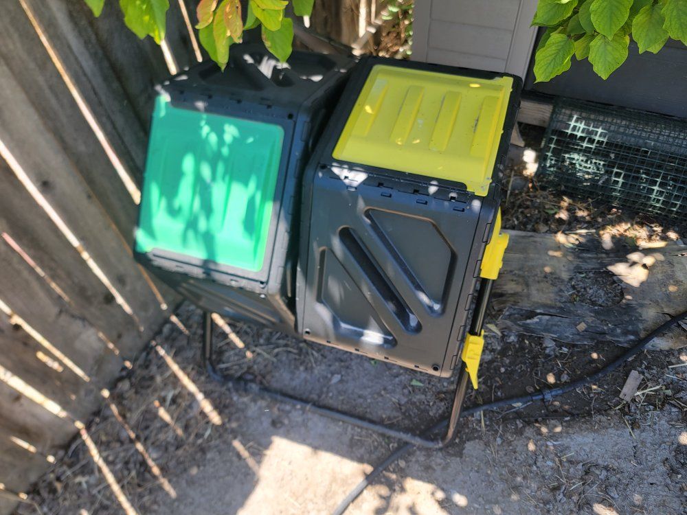 Dual Chamber Tumbling Composter - Two 43 Gallon Bins - Green & Yellow Lids
