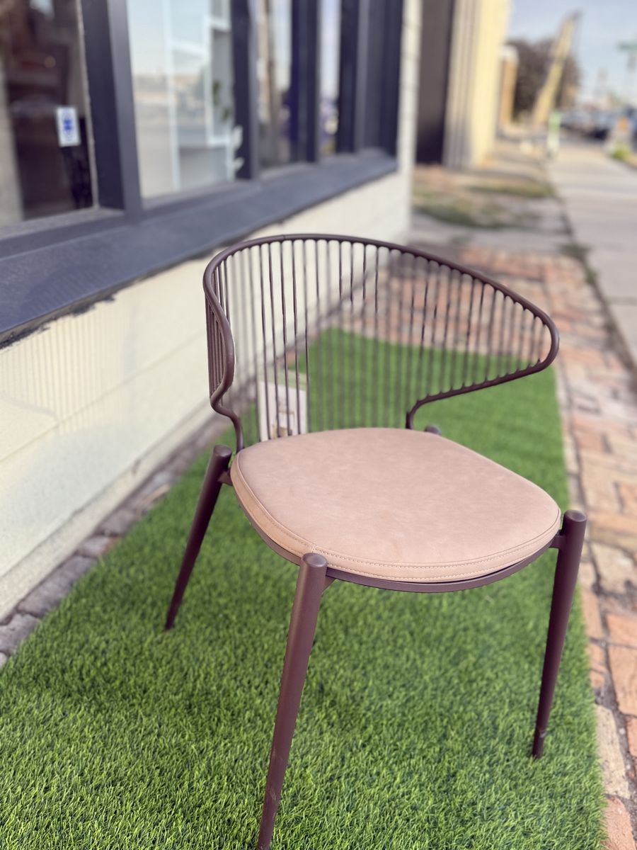 Modern Brown Metal Outdoor Patio Chair with Tan Cushion