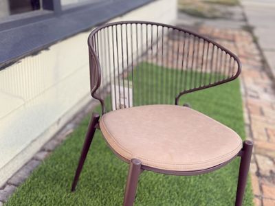 Modern Brown Metal Outdoor Patio Chair with Tan Cushion