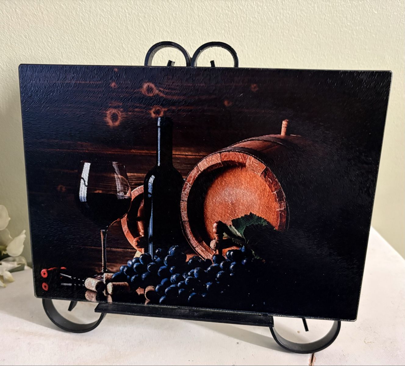 NEW- Glass Cutting Board / Counter Saver with Wine, Barrel, and Grapes Design