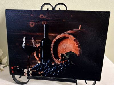 NEW- Glass Cutting Board / Counter Saver with Wine, Barrel, and Grapes Design