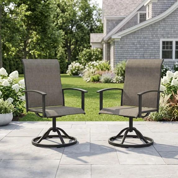 2-Piece Outdoor Patio Swivel Dining Chairs with All-Weather Metal Frame and Breathable Textilene Fabric in Brown - NEW