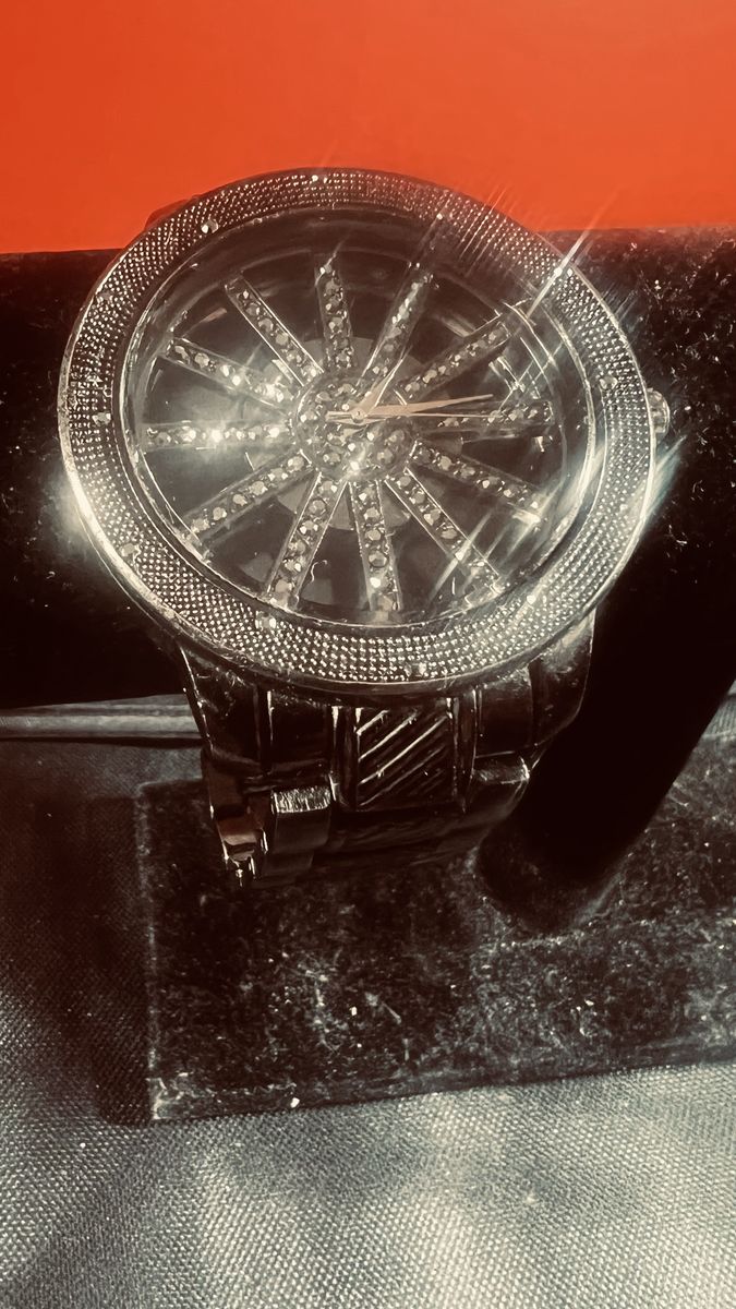 Black Spin-Rim Dial Watch with Rhinestone Accents