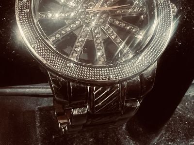 Black Spin-Rim Dial Watch with Rhinestone Accents