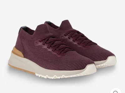 Brunello Cucinelli Cotton Knit And Semi-Polished Calfskin Sneakers Size (44 Eur - 10 USA.) Brand New