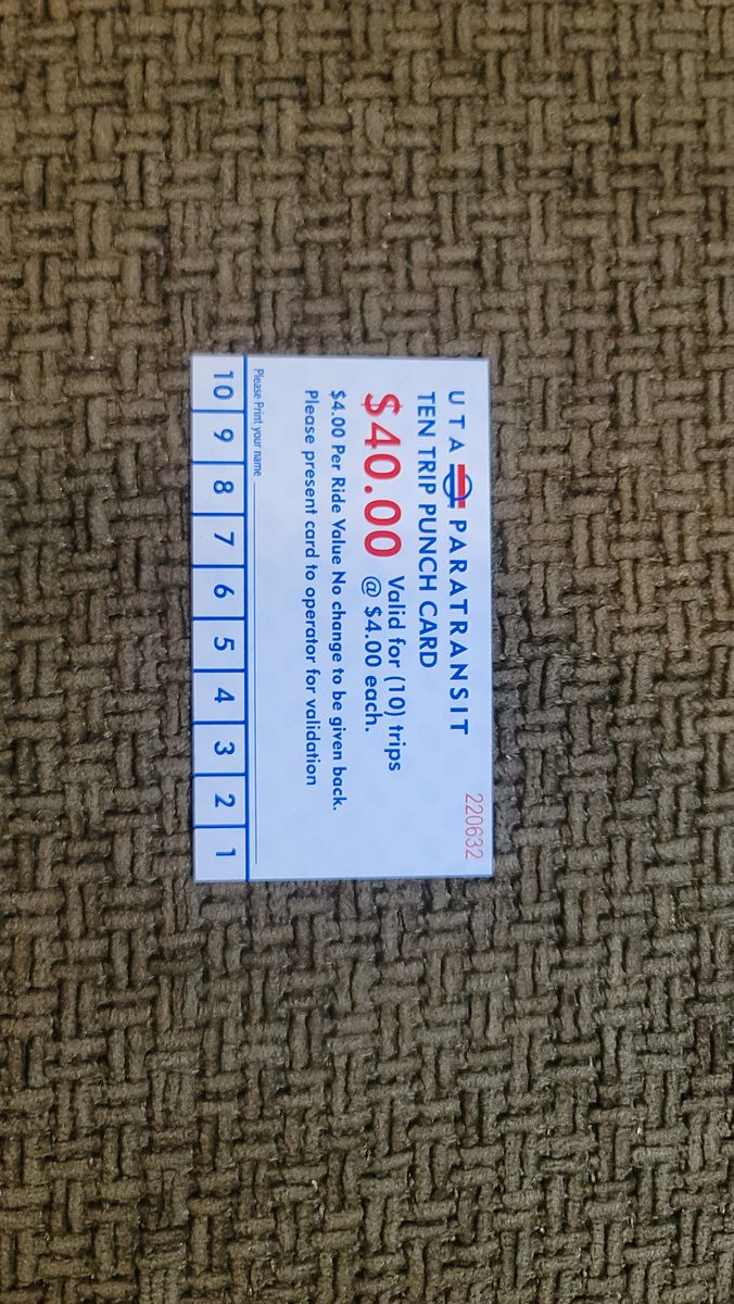 UTA Unused Paratransit Ten-Trip Punch Cards