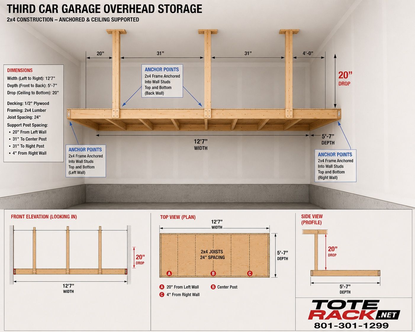 Overhead Garage Storage System - 12'7"W x 5'7"D, 20" Drop