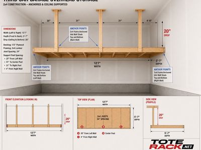 Overhead Garage Storage System - 12'7"W x 5'7"D, 20" Drop