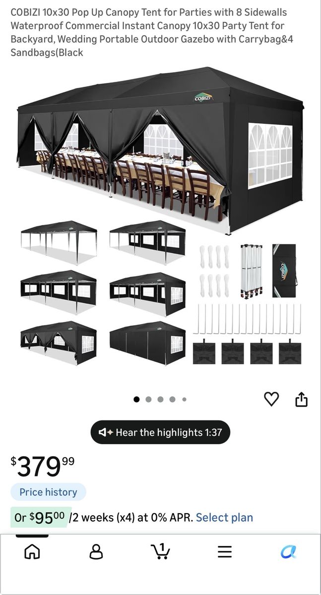 COBIZI 10x30ft Black Pop Up Canopy Tent with 8 Sidewalls, Waterproof & Portable for Parties/Events
