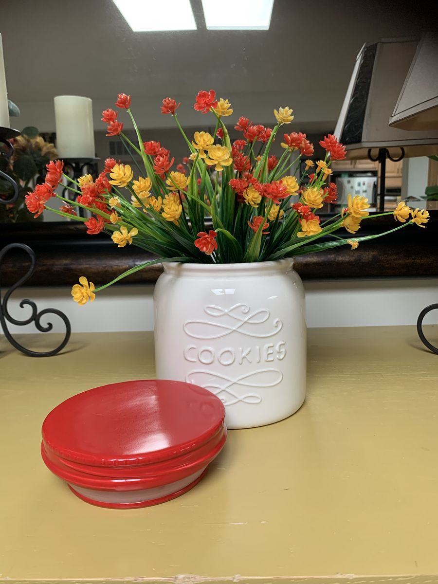 Never Used- Red And White Ceramic Cookie Jar