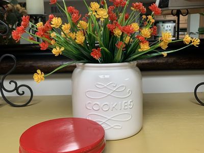 Never Used- Red And White Ceramic Cookie Jar