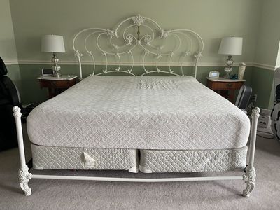 White Metal California King Size Bed Frame - Ornate Victorian Style Headboard & Footboard
