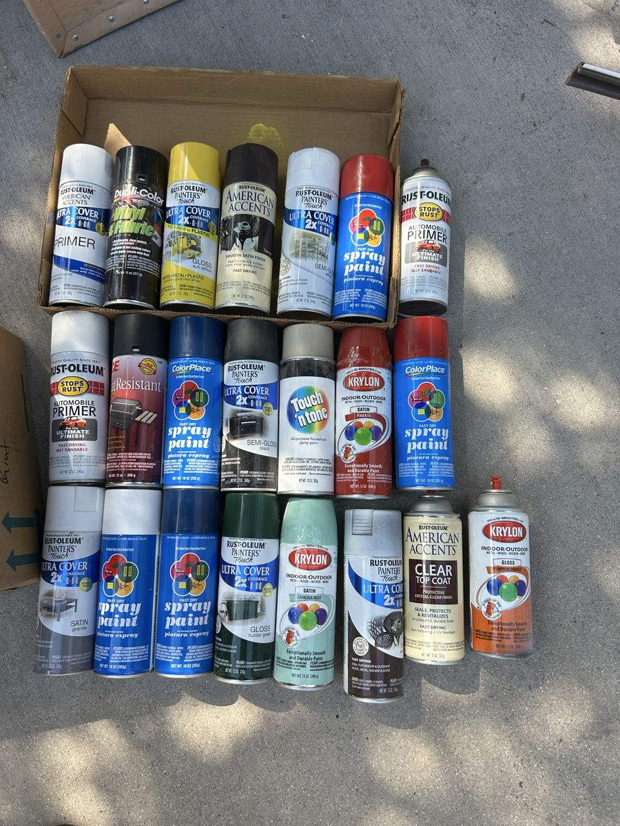Assorted Spray Paint Lot - Rust-Oleum, Krylon, Various Colors & Finishes - 20+ Cans for Projects. $10 for the whole box. Hope so