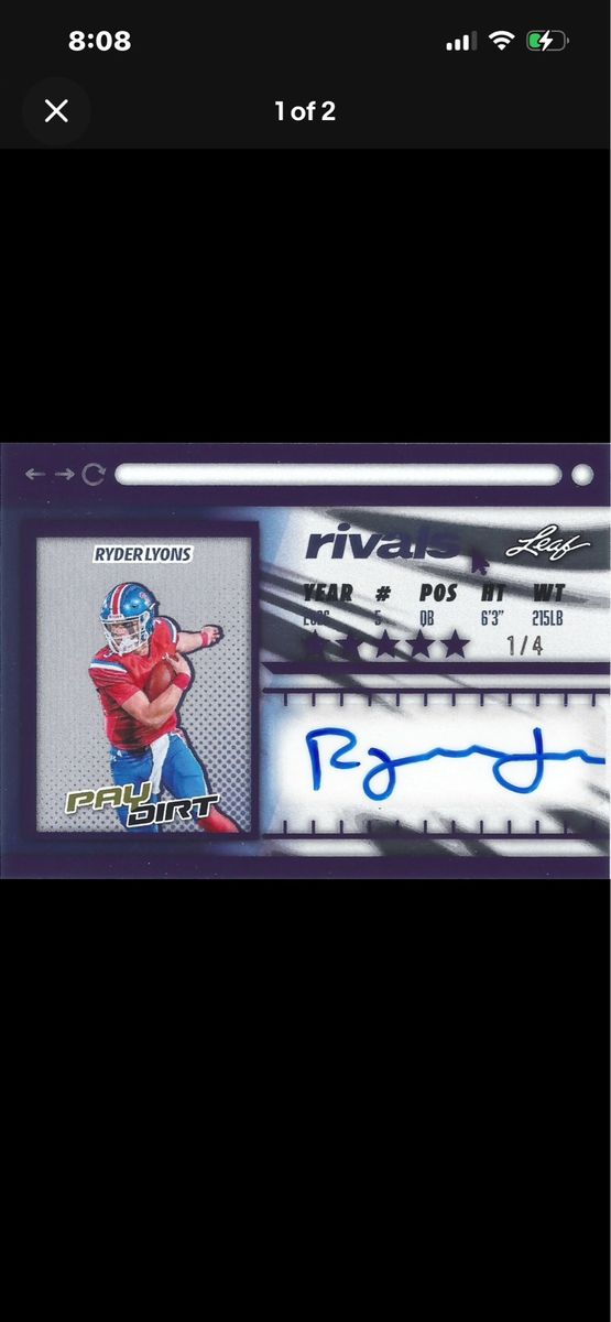 BYU Cougars Rookie Auto 2026 RC Leaf Rivals Pay Dirt Ryder Lyons Autograph Card #01/04 Made Rare Football Card.
