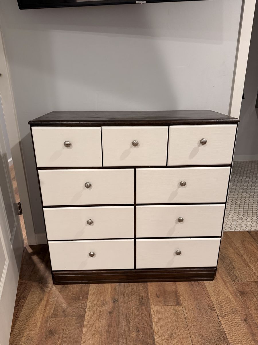 Wooden Dresser with Dark Wood Finish and White Drawers