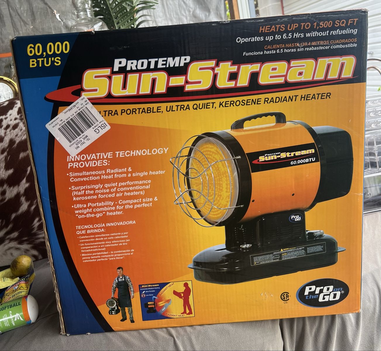 NEW IN BOX Protemp Sun-Stream Portable Radiant Heater plus New 5 gallons K-1 Kerosene. Great for RV, Camping, Jobsite, etc.