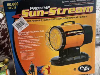 NEW IN BOX Protemp Sun-Stream Portable Radiant Heater plus New 5 gallons K-1 Kerosene. Great for RV, Camping, Jobsite, etc.