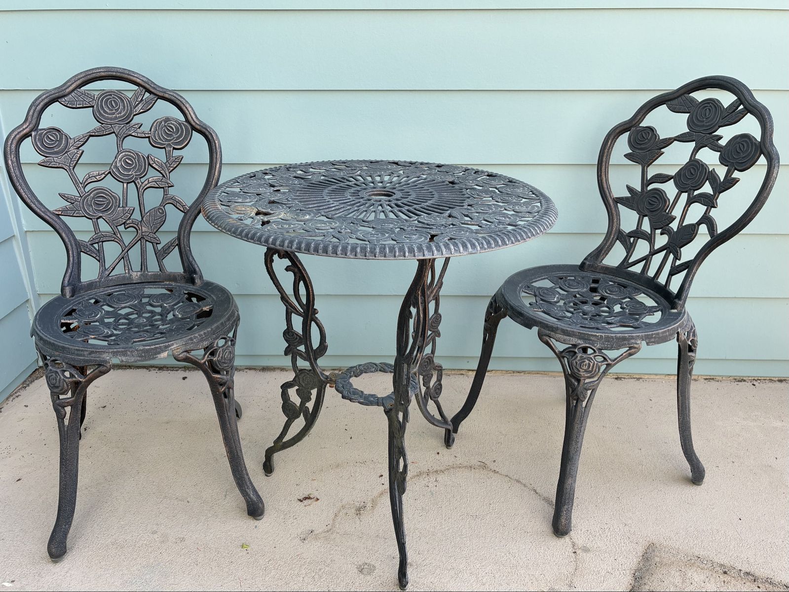 Vintage Cast Iron Bistro Set - 2 Rose-Pattern Chairs & Round Table - Patio, Garden, Balcony Furniture