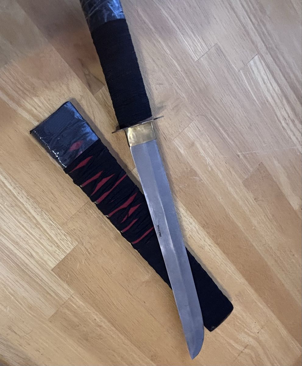 Black and Red Wrapped Tanto Knife with Scabbard