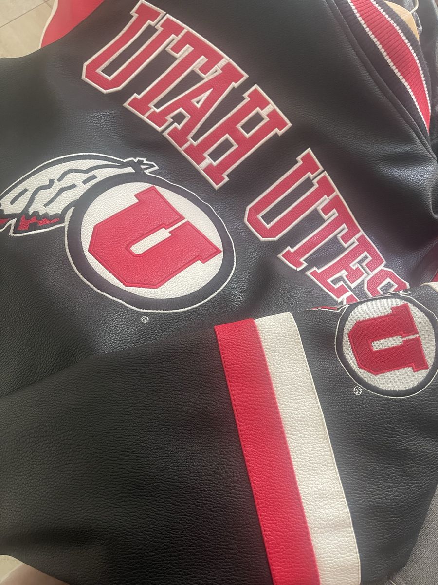 University of Utah Utes Varsity Jacket - Black/Red Leather, Embroidered Logos, Size M