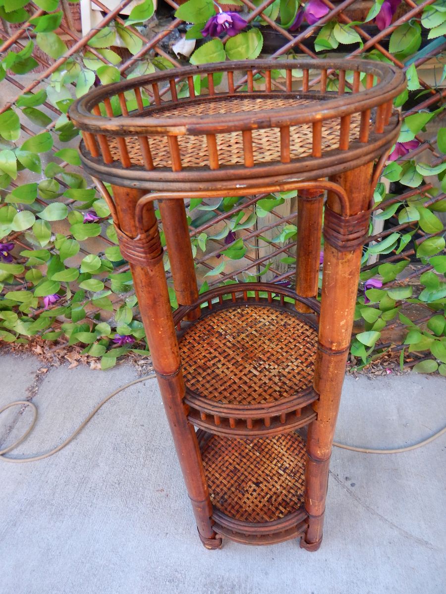 Vintage Boho Three Tier Plant Stand Rattan Bamboo Shelf 32”