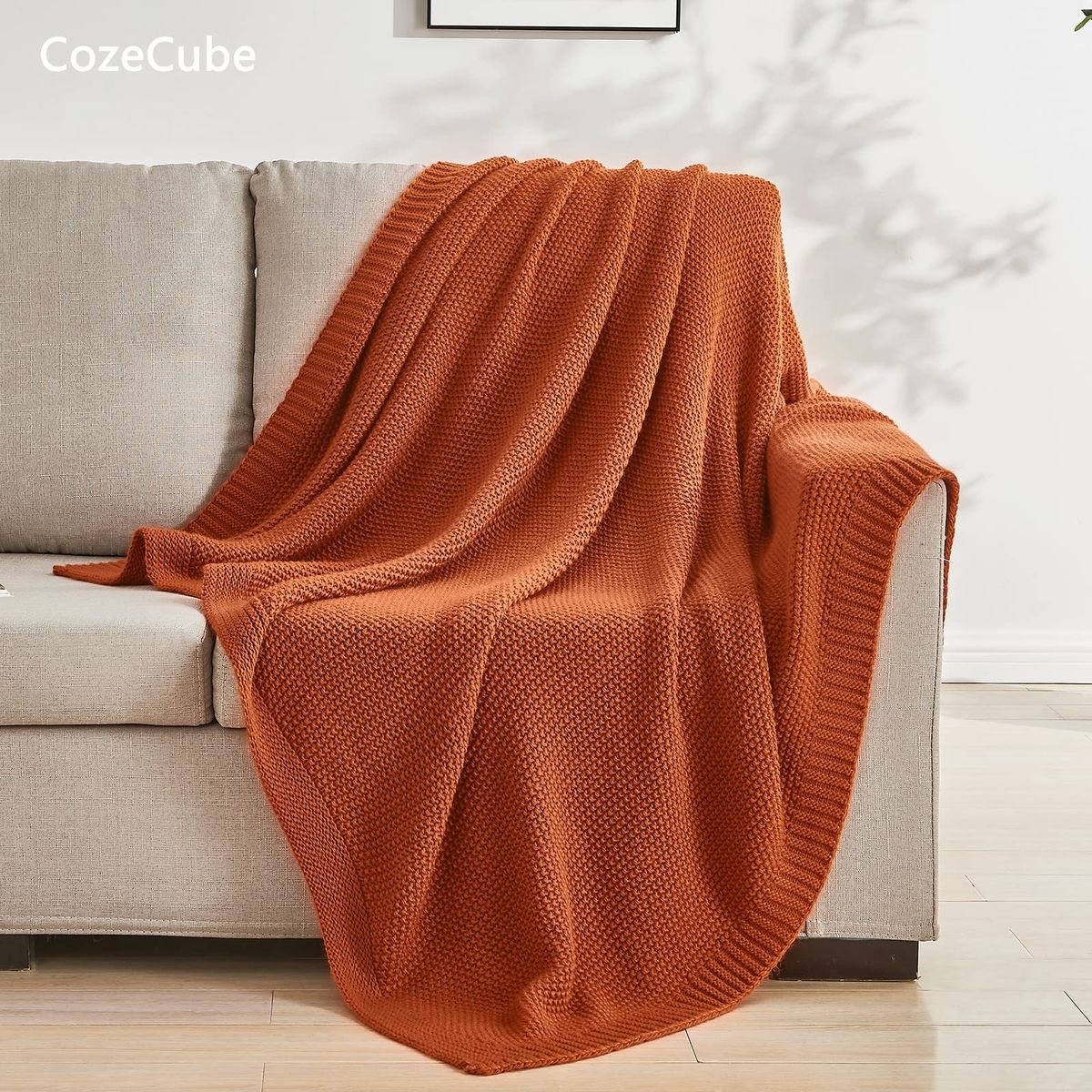 CozeCube Burnt Orange Knit Throw Blanket - 50"x60" Soft Textured Weave for Sofa & Couch