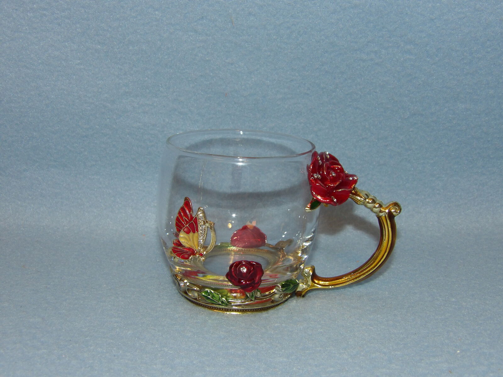 Arc of France Glass Coffee/Tea Cup~Roses Butterflies~Rhinestone Jewels~Gold Tone Enamel Trim