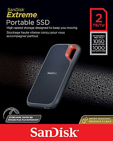 SanDisk Extreme Portable SSD 2TB - Up to 1050MB/s Read, 1000MB/s Write - Water Resistant