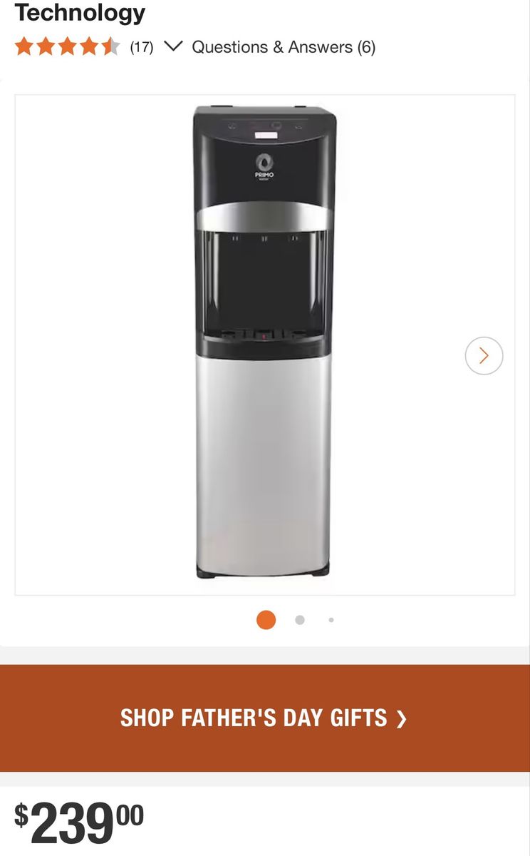 Primo Deluxe Bottom-Loading Water Dispenser with Self-Sanitization, 2 Temp Settings, Black/Stainless Steel