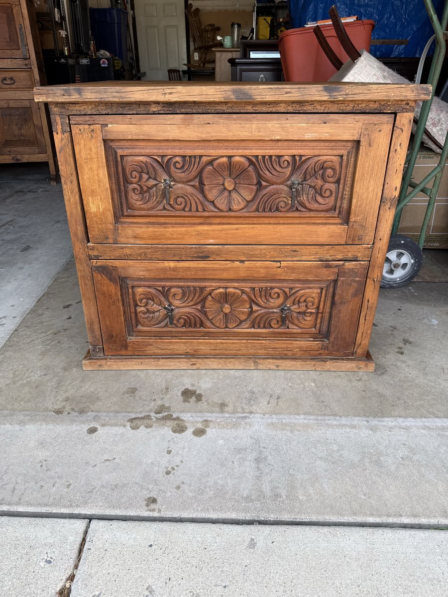 Hand-Carved Wooden Cabinet / Nightstand - Vintage Rustic Accent Furniture
