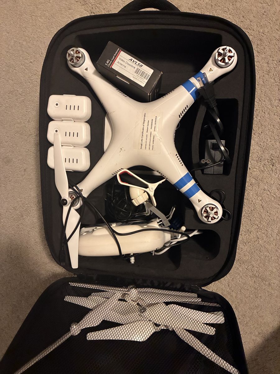 DJI Phantom Drone with AVL58 Video Downlink Antenna, 3 Batteries, and Carrying Case