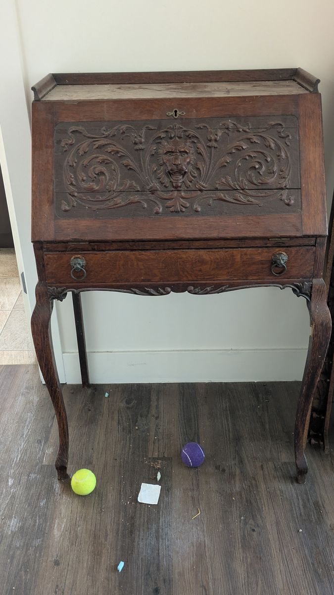 Antique Carved Wood Secretary Desk with Drop Front and Lion Motif