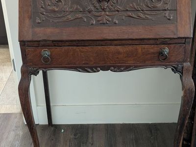 Antique Carved Wood Secretary Desk with Drop Front and Lion Motif