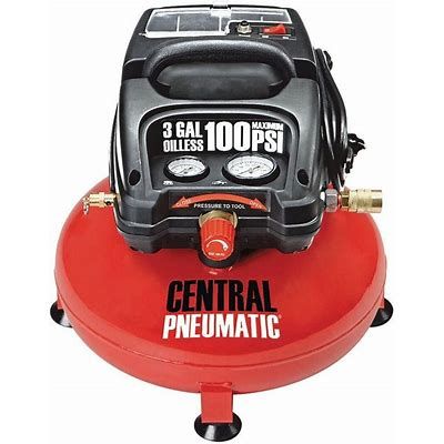 Central Pneumatic 3 Gallon 1/3 HP 100 PSI Oil-Free Pancake Air Compressor with $25 Value Air Hoses and adapters.