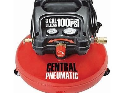 Central Pneumatic 3 Gallon 1/3 HP 100 PSI Oil-Free Pancake Air Compressor with $25 Value Air Hoses and adapters.